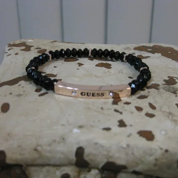 NWOT Guess black logo rose gold rhinestone bracelet - Picture 2 of 3